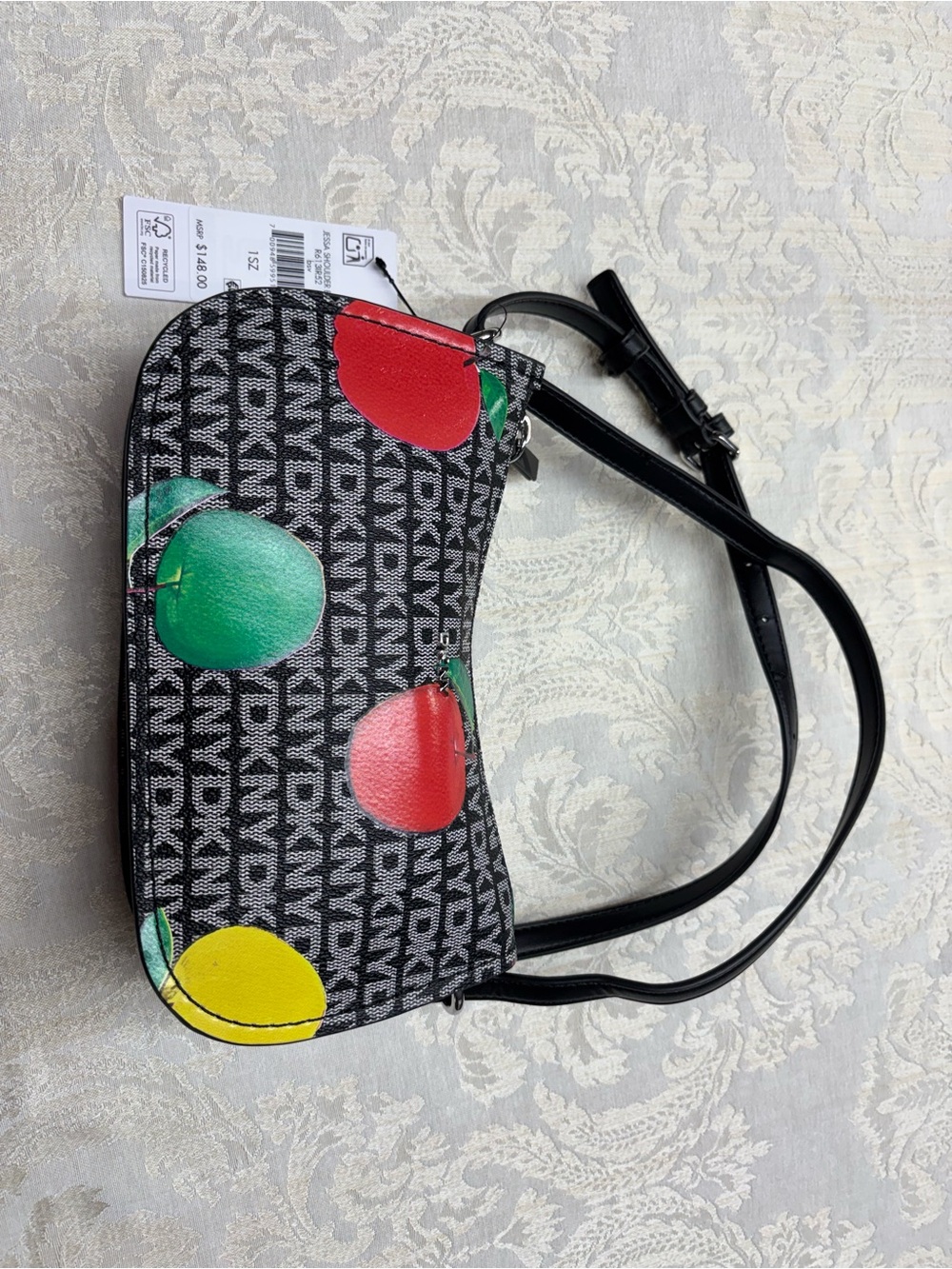 DKNY Black Logo Shoulder Bag with Red, Green and Yellow Fruit Accents